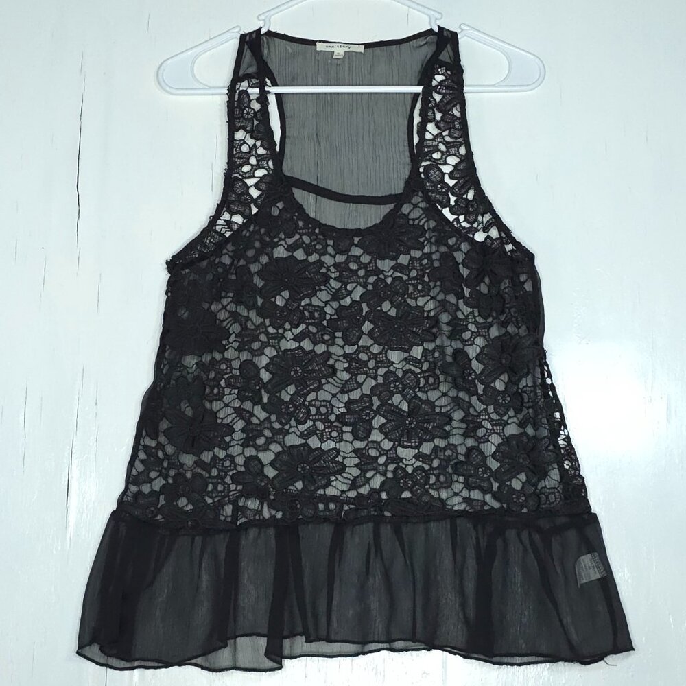 One Story Black Floral Lace Ruffled Hem Sheer Tank Top M Goth Coquette